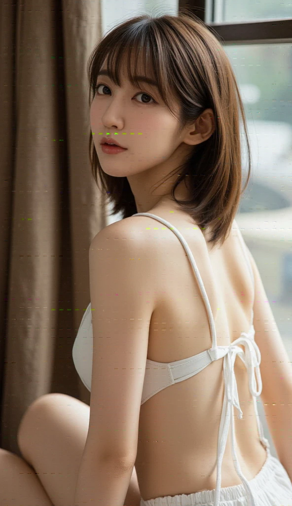 {{NSFW}},((highest quality、In 8K、master piece:1.1))、fisheye lens 、1 woman、Transparent white skin、delicate and beautiful skin、human-like skin、realistic skin feel、Make sure the light and dark、very short hair、short hair、too short hair、複雑な色hair of、complicated hairstyle、gloss々hair of、bangs are cute、Cut the bangs parallel to each other、bangs bangs、two block、Sheared hair、Looking at the camera、look at camera、raise your chin slightly、double big eyes、super delicate eyes、super detailed face、keep your face firmly、face when waking up、Sleepy face、high detailed lips、thick lips、Slender body,covered erect nipples,shiny skin,Take a full body photo、feminine toned body、draw the entire landscape、comb your hair、detailed design、On a plush bed、light blue bed、Lying face down、lie on your back、bathrobe、かわいいbathrobeをきる、Overall cleanliness、A landscape where white is precious、Beautiful back、Beautiful buttocks、Pose that sticks out your butt、emphasize the buttocks、