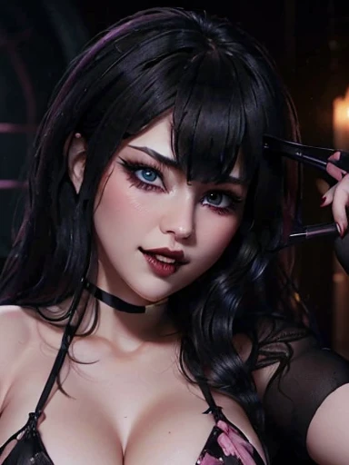 ultra detailed 8k cg, perfect face, beautiful face, mature female,1 girl,solo,crown, big smile, lace goth clothing, goth makeup, black lipstick, choker, full body view