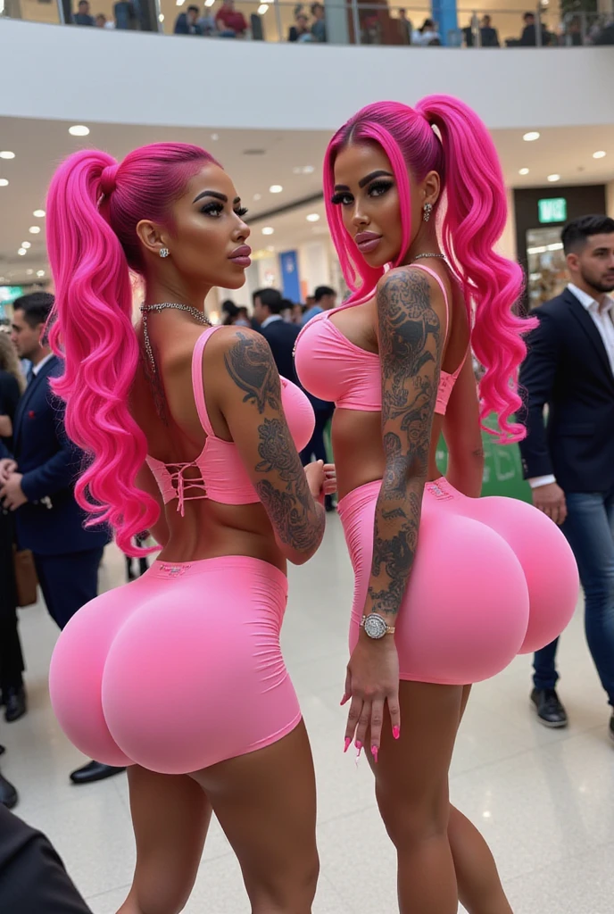 2 sexiest fakest smoking chav bimbos, many tattoos, big curly pigtails, fully clothed, fur boots, very high platform heels, hair extensions in crazy colors, louis vuitton bag, longest fingernails possible, slags, holding cigarette, pink ballerina skirt, waifu, skinny legs, ahegao, Kawaii, trashy, slutty, no bodysuit, smoke in the background, smoking cigarette, smoking fetish, smoking chav pornstars, walking, fake booty, smoke, blowing smoke, pastel, long cigarettes, latex, smokers, chain smoking chavs, smoking, holding cigarette, blow smoke, packs of cigarettes, best hair quality, tight clothes, skinny, tiny waist, very fake tan, darkest fake tanned skin, huge fake lips, plump lips, lip filler, swollen lips, bimbo lips, fake chav bimbodolls, huge very round fake breasts, top clothes on, clothing enforcement, not fat, skinny body type, pink skirt, extremely long colored hair extensions, heavily tattooed, pink clothing, crop top, sexy, sexy makeup, very tanned skin, longest fake eyelashes, longest fake nails, men look at them, very detailed face, best quality, very high face quality, ultra realistic, only show full back view, not naked, no front view, inside busy shopping mall, not holding hands, dont show front view, sfw, no natural butt