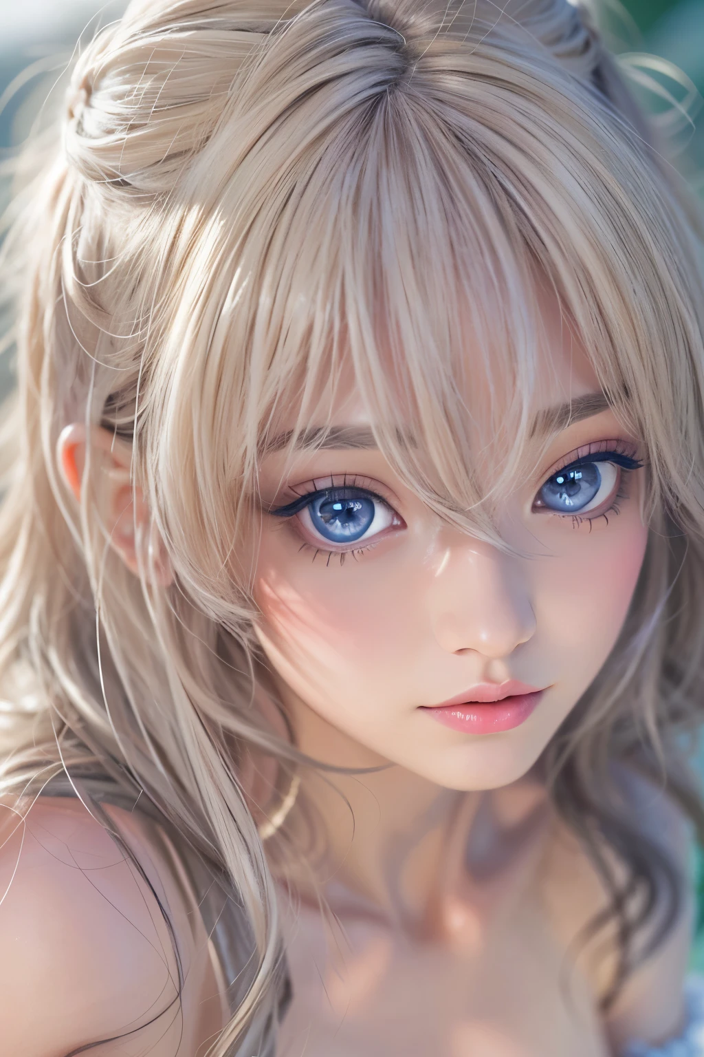 master piece,highres,4K.8k,Lifelike:1.5,Close-to-reality1.3,
Greige hair, ((highlights hair, Blue streaked hair:1.0)),
turquoise blue eyes,	
glamorous,
eighteen years old,
BREAK,
Clothes with a loose silhouette、The calm colors and velvet and silk are used.、A luxurious feel,Wearing a robe、Wearing a tunic,