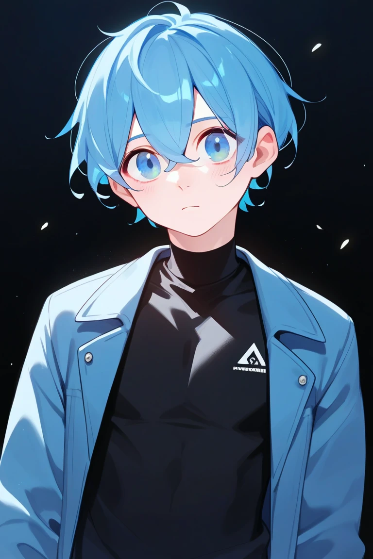  Young boy of about 1 ,77 centimeters ,  bright blue hair and light blue eyes.  tight black shirt and light blue jacket ,  with beautiful white skin , slim build and her clothes are like those of the Mesopotamia region 