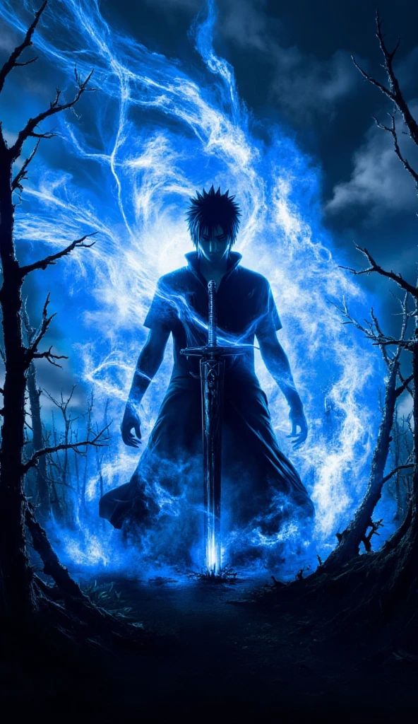 (best quality, 128k, highres, masterpiece:1.2), ultra-detailed, (realistic, photorealistic, photo-realistic:1.37), ((masterpiece)) ((photography)) ((Highest quality)) Sasuke, standing tall with his Sharingan activated, channels a storm of electric blue chakra around his body. His dark hair whips through the air as he stands amidst a forest ravaged by his immense power. His cold, calculating eyes pierce through the storm, and the air around him crackles with energy. His sword, Kusanagi, gleams ominously as if ready to strike, while swirling clouds in the background add to the cinematic intensity of the scene.