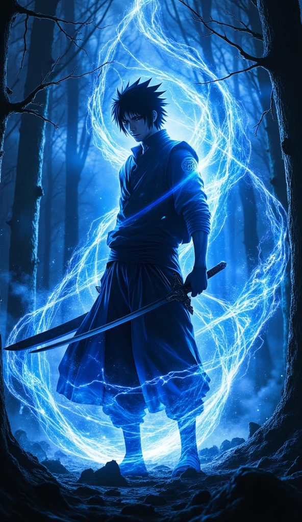 (best quality, 128k, highres, masterpiece:1.2), ultra-detailed, (realistic, photorealistic, photo-realistic:1.37), ((masterpiece)) ((photography)) ((Highest quality)) Sasuke, standing tall with his Sharingan activated, channels a storm of electric blue chakra around his body. His dark hair whips through the air as he stands amidst a forest ravaged by his immense power. His cold, calculating eyes pierce through the storm, and the air around him crackles with energy. His sword, Kusanagi, gleams ominously as if ready to strike, while swirling clouds in the background add to the cinematic intensity of the scene.