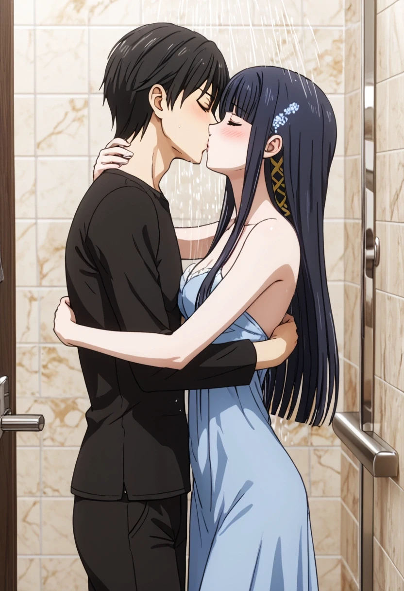 ( Masterpiece, Best Quality :1.2, incredible quality , very aesthetic, absurdres,newer),Official style,Day time,1 man and 1 woman,kissing,Hug,[Shiba Tatsuya(male)+Shiba Miyuki(femenino)], ( mahouka koukou no retousei),(adult:1.2),(very small head:1.2), black hair, long loose hair, eyes closed,horny,blushing with pleasure ,( ideal body proportions:1.2, slim body:1.2,skinny:1.2),( medium breasts),  Blue dress , black shirt black pants , In the shower room  