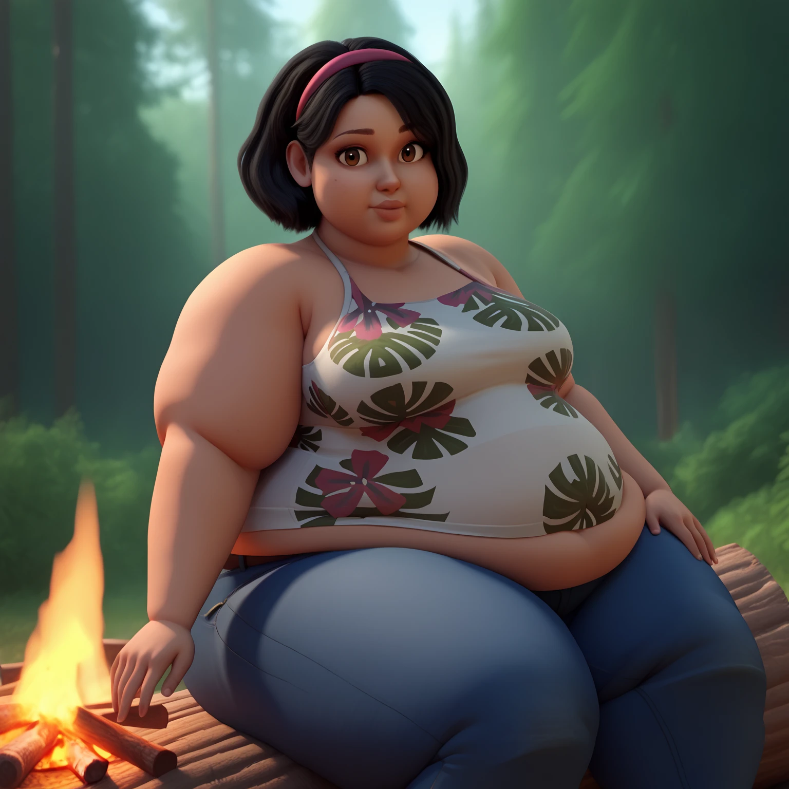 (masterpiece:1.2, best quality:1.2),1girl, solo, SammyGutierrez(big fat body), black hair, short hair, pink hairband, brown eyes, dark-skinned female, tank top, floral print, bare shoulders, jeans, cowboy shot, day, outdoors, campfire, tent,  forest, looking at viewer, sitting, sitting on log,(clothes that fit your big, fat body size).