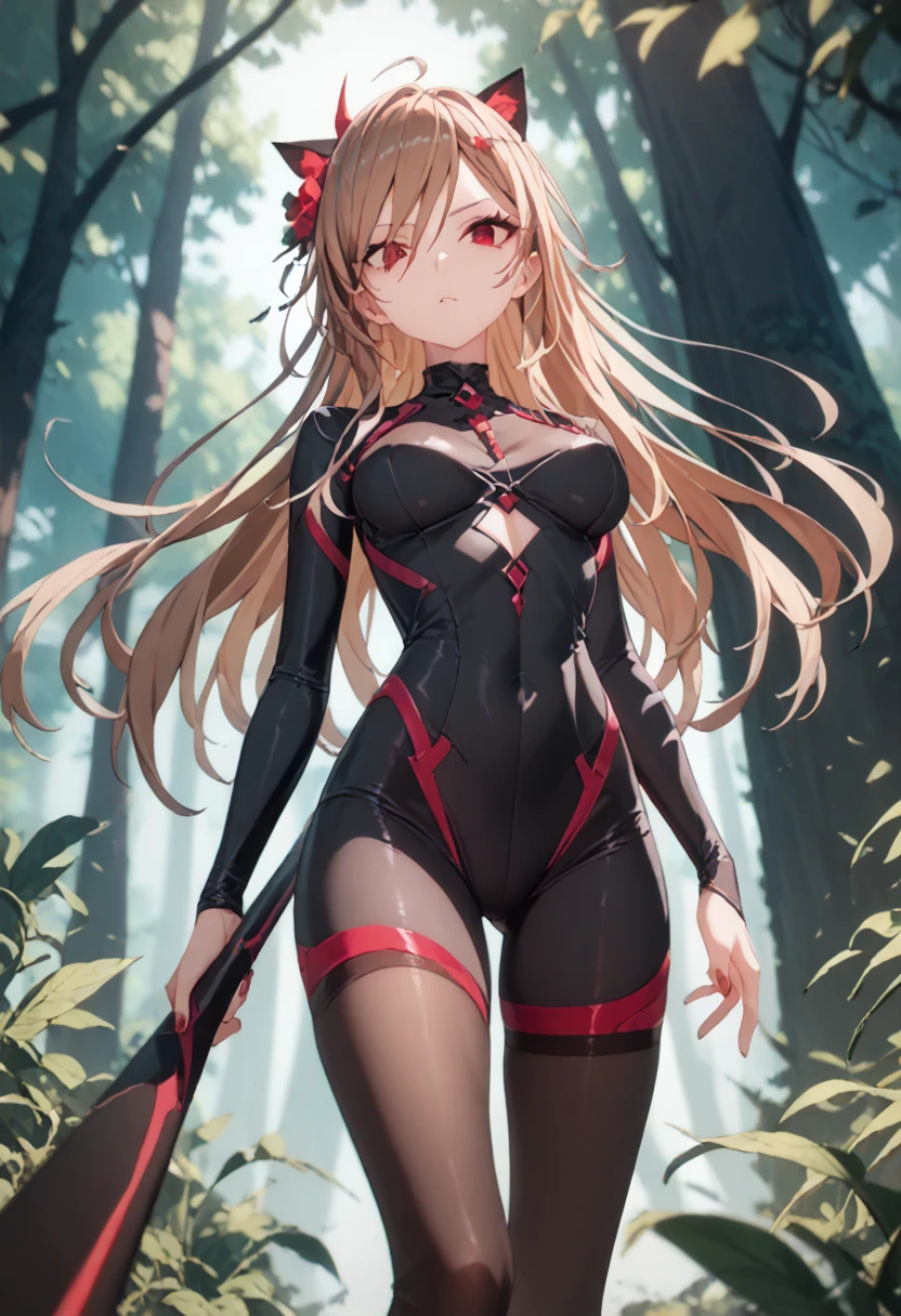   1 girl fights,   long blond hair, brown hair 4k, stockings,     red eyes , ,  cat ears,  hair flower,      high resolution    , One,  masterpiece fails,     top quality ,    standing device , cutout, hair template  ,   tight suit , against the backdrop of the forest, villainess, 