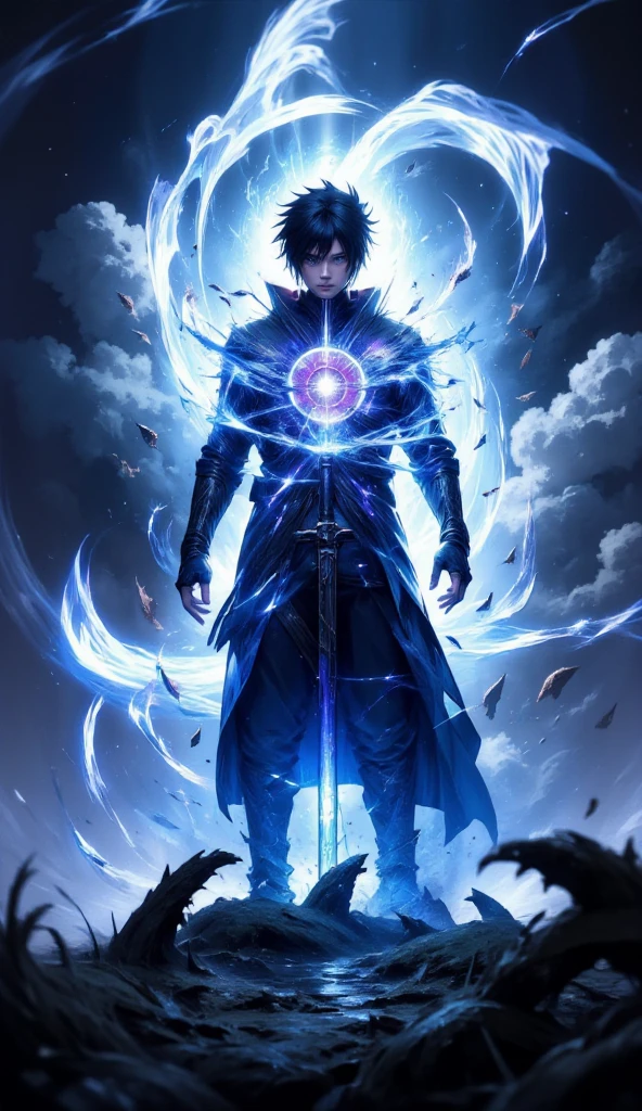 (best quality, 128k, highres, masterpiece:1.2), ultra-detailed, (realistic, photorealistic, photo-realistic:1.37), ((masterpiece)) ((photography)) ((Highest quality)) Sasuke, standing tall with his Sharingan activated, channels a storm of electric blue chakra around his body. His dark hair whips through the air as he stands amidst a forest ravaged by his immense power. His cold, calculating eyes pierce through the storm, and the air around him crackles with energy. His sword, Kusanagi, gleams ominously as if ready to strike, while swirling clouds in the background add to the cinematic intensity of the scene.