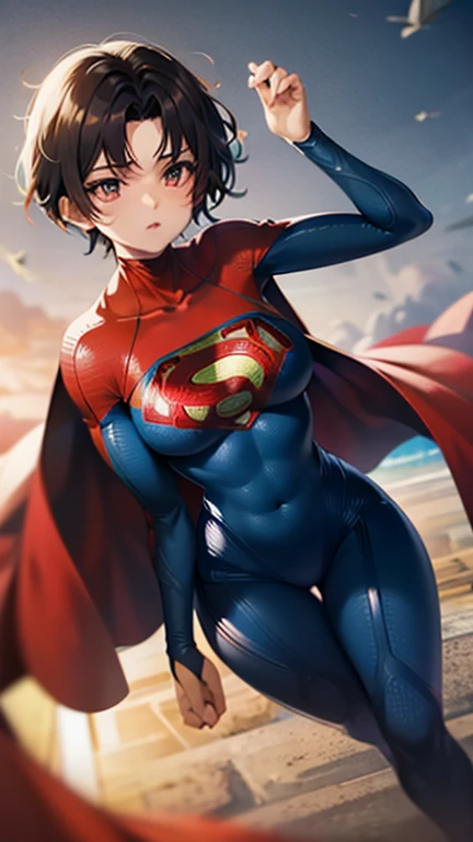 (masterpiece:1.4), (best quality), (detailed), (8k), (1girl, solo, sideways), (sidewalk), Clara Kent, superhero, bodysuit, short hair, red cape, blue eyes, wide hips, bending, bright dark blue costume.