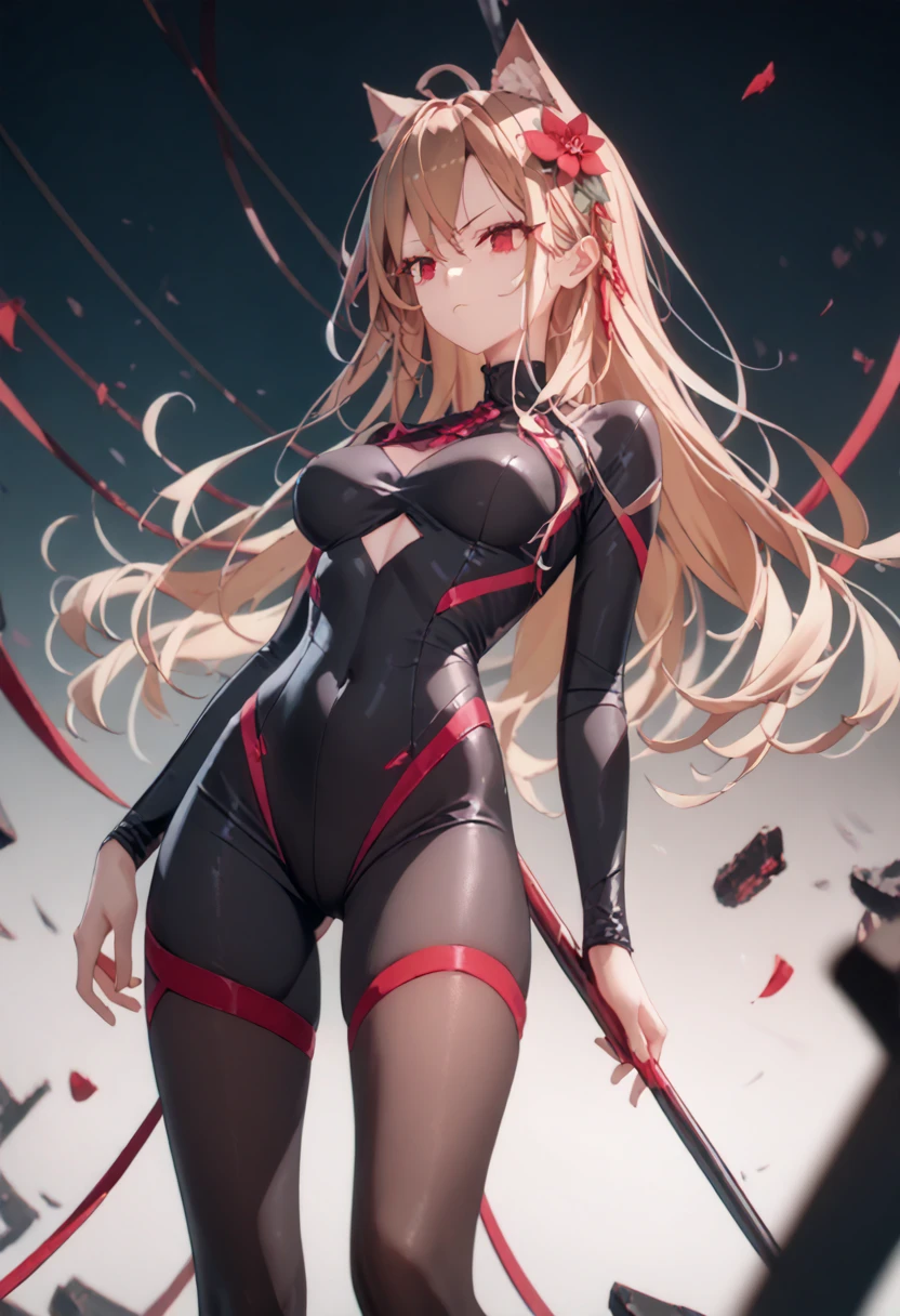   1 girl fights,   long blond hair, brown hair 4k, stockings,     red eyes , ,  cat ears,  hair flower,      high resolution    , One,  masterpiece fails,     top quality ,    standing device , cutout, hair template  ,   tight suit , villainess, 