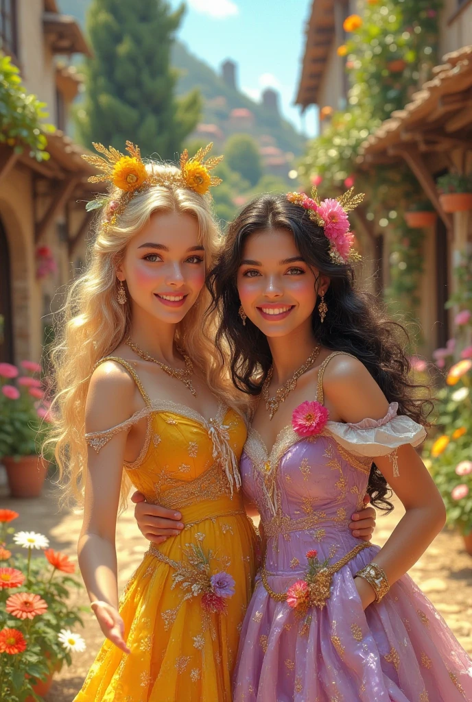 disney style, two disney princesses one blonde and one brunette taking a selfie, dynamic pose, wearing summer dress, western cartoon style,in full height, at a high angle.-ar 9:16.--sref 984040792::1.--niji6--style raw.--sw1000 --stylize1000