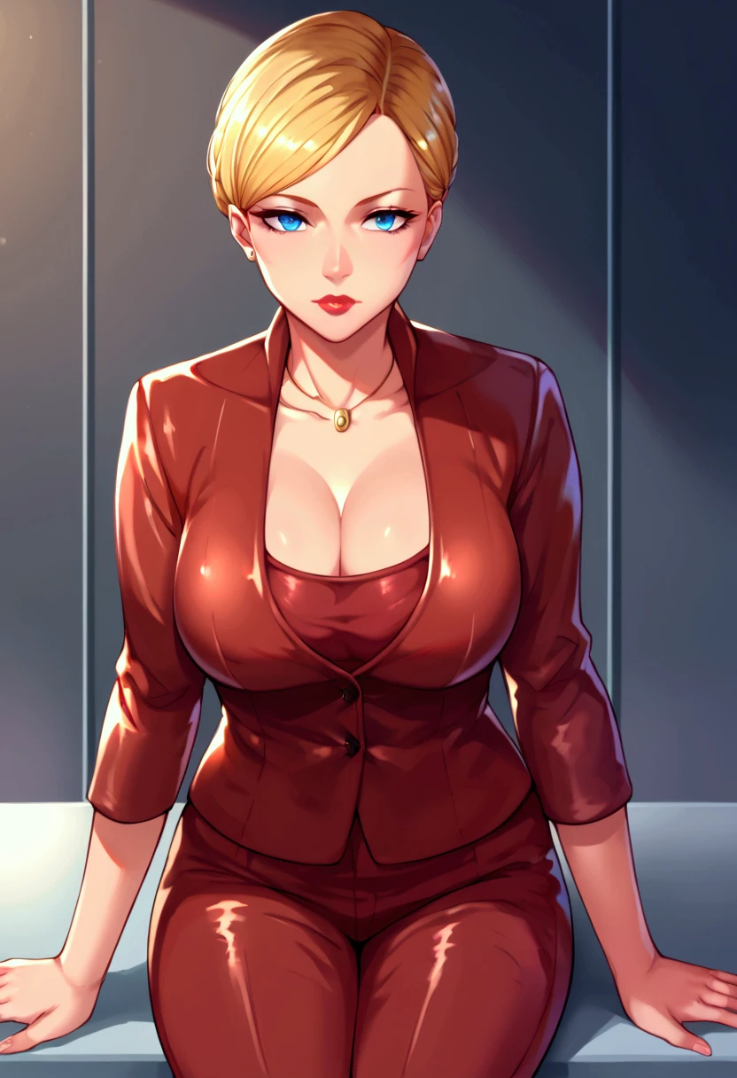 score_9,score_8_up,score_7_up BREAK T-XSDXL,solo,1girl,short hair,blue eyes,blonde hair, big breast,cleavage,jewelry,jacket,pants,necklace,lips,formal,suit,lipstick,cowboy shot,room,room background,sitting,