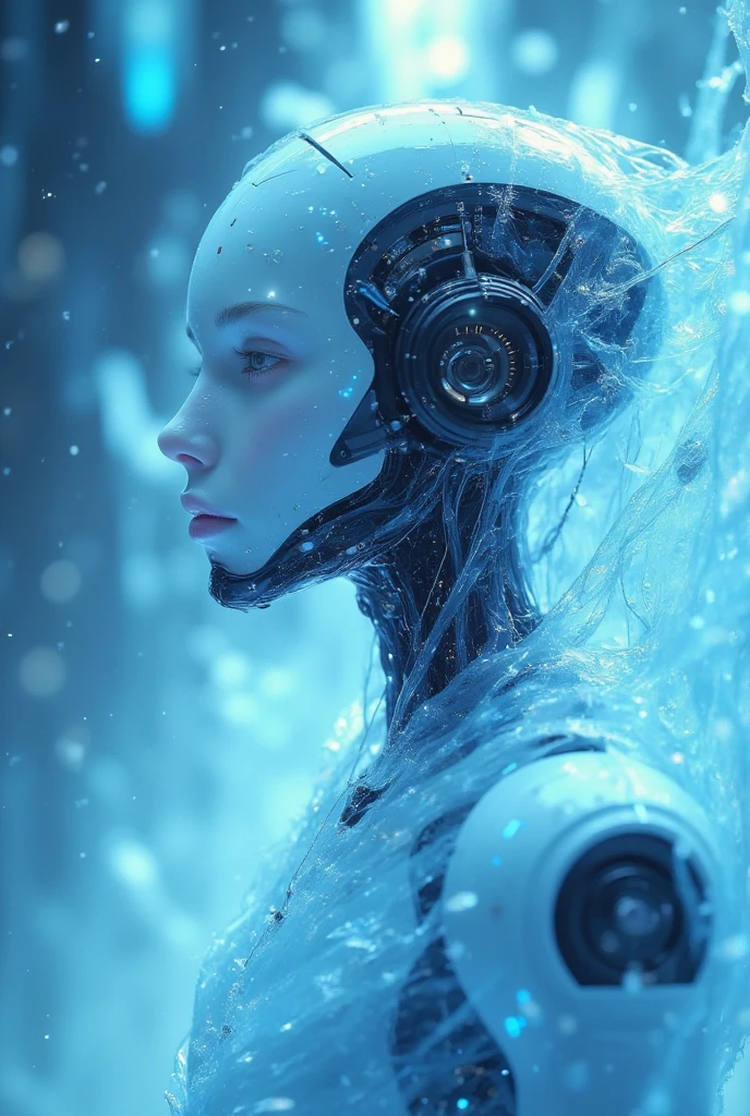 light blue, vibrant blue, dark blue airy soft, cold, cool aloof, frosty, transparencies layers, icy, blurred, gradient, blur, soft blur, high contrast, bright, light and dark, closeup, artistic, cinematic, robot with headset, sci fi, ethereal, tech, futuristic, minimalistic