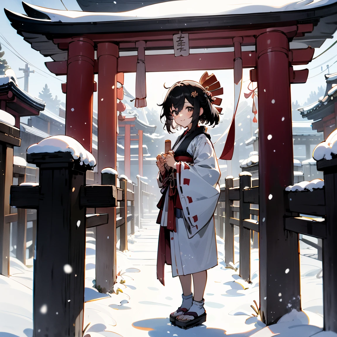 ((( bright colors))),8k,(masterpiece,  top quality:1.2),  One Girl ,  Eishin Flash, smile,,  stare at viewers, (((first visit of the year to a shrine))),first visit of the year to a shrine、 traditional Japanese temple、Torii covered in snow、 worshipers wearing kimonos 、Fuyu Sky 、 knocking on bells 、 smoke of incense sticks standing up 、Hanging votive plaques 、 shimenawa and blank paper streamers 、 softly glowing lanterns 、 snow-covered stone lanterns offering prayers、 quiet and polite atmosphere ,