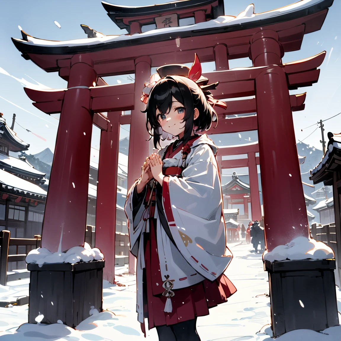 ((( bright colors))),8k,(masterpiece,  top quality:1.2),  One Girl ,  Eishin Flash, smile,,  stare at viewers, (((first visit of the year to a shrine))),first visit of the year to a shrine、 traditional Japanese temple、Torii covered in snow、 worshipers wearing kimonos 、Fuyu Sky 、 knocking on bells 、 smoke of incense sticks standing up 、Hanging votive plaques 、 shimenawa and blank paper streamers 、 softly glowing lanterns 、 snow-covered stone lanterns offering prayers、 quiet and polite atmosphere ,