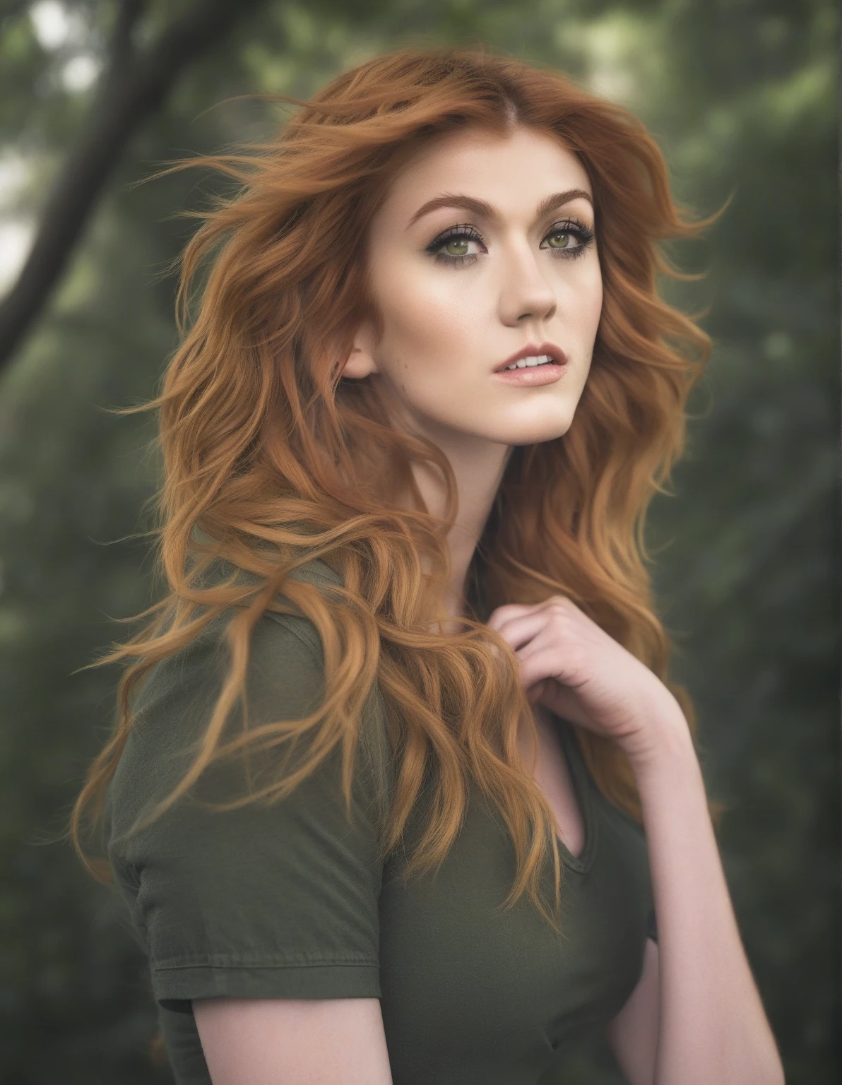  KatherineMcNamara , high quality,  intricately detailed ,  like Clary Fray v with her green eyes ,  curly red hair,  slim figure ,  small chest and narrow hips , Although she doesn't see it ,  nor does she see the beauty that others often see in her .  There was a time when Clary felt a smaller version,  less beautiful and more so than her mother ,  although most people didn't agree .  She is quite short ,  only a little more than five feet tall ,  she has the hair that they consider carrot colored and  "A face full of freckles".  She wears oversized t-shirts ,  jeans and sneakers .volumetric,  full character , 4k, 