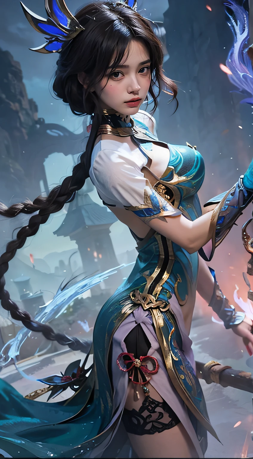 An elegant woman with straight hair wears a gorgeous long dress,The movements are light and elegant,Hanfu,(masterpaintings,Sideslit,delicate and pretty),masterpaintings,Realistic,Glowing eyes,Shiny hair,Shiny skin,bachelorhood,Exquisite,Beautiful,garden,blossoms,Fluttering petals,Sideways