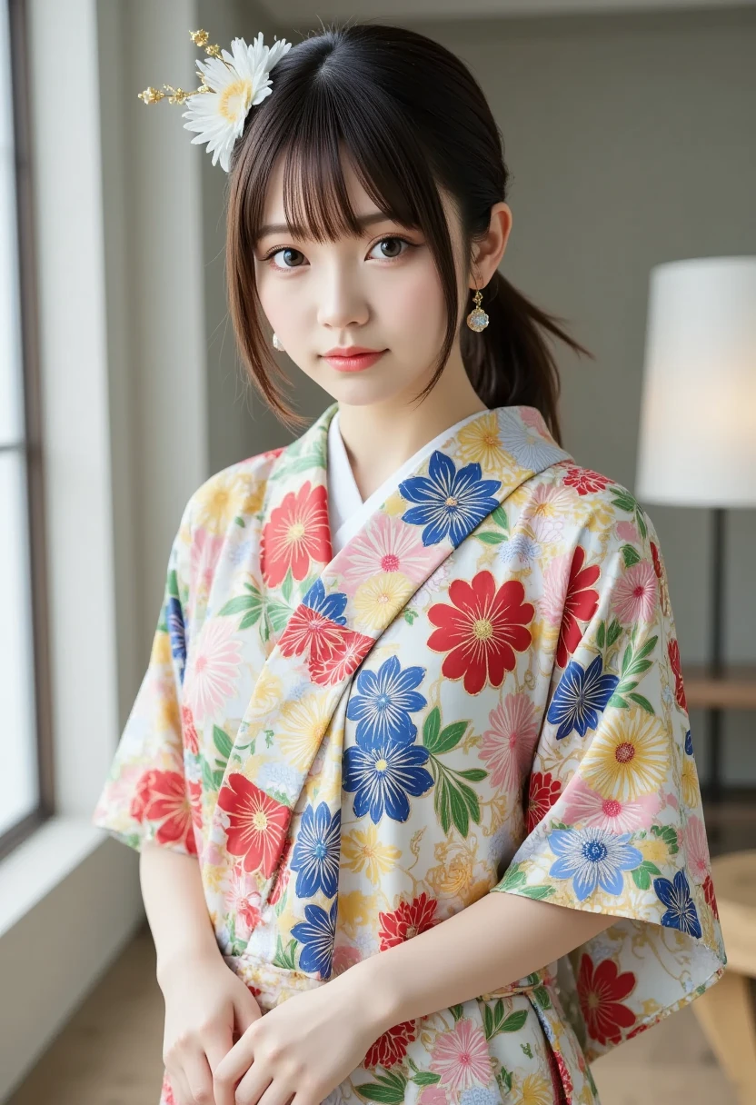 (Japanese anime style:1.4), 8k resolution, masterpiece, top quality, Award-winning works, new year post card, sole girl, (photo of a girl who is wearing Japanese traditional kimono printed on the card:1.4), (title printed which says " happy new year " on the card:1.5), (image of white snake printed on the card:1.4)