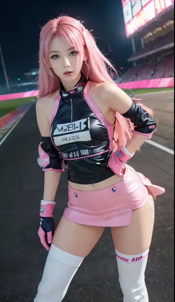 thin waist, long limbs, big breasts, ((I can see your nipples)), ((erect nipples)), thin waist, (Female dog),highest quality, ultra high resolution, (realistic: 1.4), (pink long hair: 1.3), (azur lane\), one girl, (K-POPアイドル), view audience, detailed face, contrap post, smooth skin, Professional lighting of perfect anatomy, futuristic fashion, streetwear, high tech fabric, racing suit, Refractories, elbow and knee pads, racing gloves, personalized embroidery, sports car background, hole, mini skirt, belly button, pink hair, Suzuka Circuit, circuit home straight, Racecourse, international circuit, Soooo good, 
