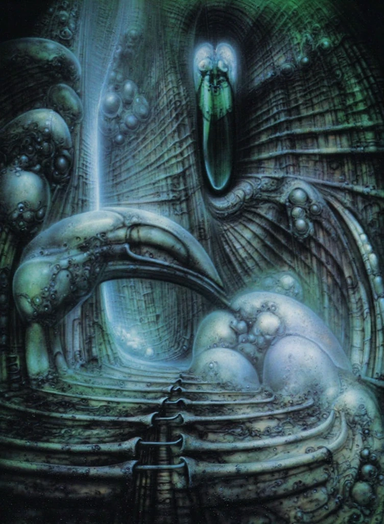 H. R. Giger's g1g3r, , Giger_style, xgiger, The image is a detailed view of H.R. Giger's biomechanical tableau \" LANDSCAPE No 312 \" plate, featuring
a complex, intricate, and detailed design of endless Machine in the transit space under the cascade of fallen water, that appears to be a fusion of organic and mechanical elements, with a focus on central humanoid-like alien astronaut figure insconced in dramatic.The piece is a tableau, most likely created with a India ink pen or pencil on paper, determined by the thin lines, shading techniques, and the texture of the paper, which is visible around the edges.
Used is pen, given the shading and variations in line weight visible in the image. Artist have used a variety of stylus with different degrees of hardness to achieve the shading effects.
 The use of undersaturated green-grays dark contrasts creates a stark and graphic look. Is used a variety of linework techniques to create different textures. Fine, parallel lines create a smooth, metallic texture,while thicker, more cursive lines suggest cables or wires.
Light source from the top highlights skeletals, pper part of foreground, lower part of image is in shadowupper part of foreground, lower part of image is in shadow.
The art performance showcases the artist’s skills in observation and rendering. The level of detail in the piece suggests a close study of real bone specimens and mechanics. The artist has skillfully used shading techniques to create a convincing illusion of three-dimensionality on a flat surface. The wrinkles and cracks in the surface, and the cast shadows with accuracy, used shading techniques to create a realistic depiction of light and shadow on the objects. This creates a sense of depth and dimension in the image.  The artist has used careful linework to depict the contours and textures in the piece, (Triadic:1.1), (Proportion:1.1),  , (Reflected light:1.2), Parchment, , ultra detailed, intricate,, dry b (best quality:1.4), H.R. GIGER,  BY GIGER