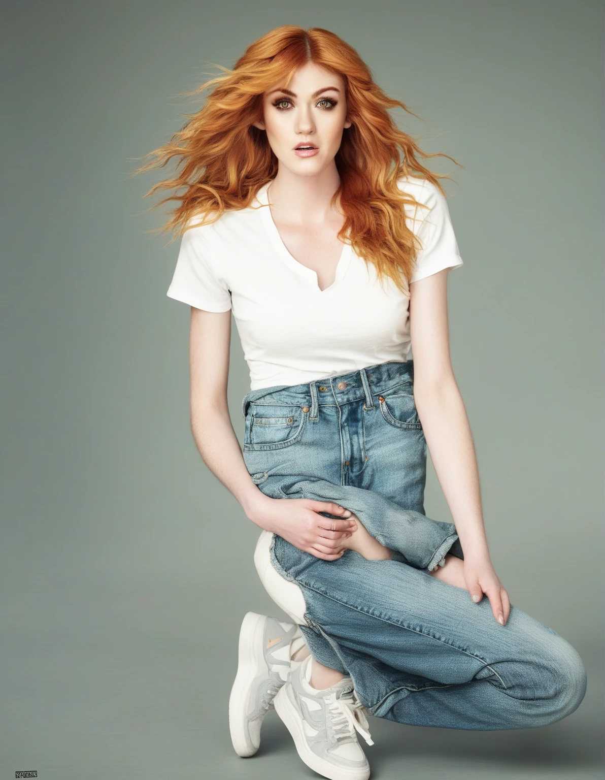  KatherineMcNamara , high quality,  intricately detailed ,  like Clary Fray v with her green eyes ,  curly red hair,  slim figure ,  small chest and narrow hips , Although she doesn't see it ,  nor does she see the beauty that others often see in her .  There was a time when Clary felt a smaller version,  less beautiful and more so than her mother ,  although most people didn't agree .  She is quite short ,  only a little more than five feet tall ,  she has the hair that they consider carrot colored and  "A face full of freckles".  She wears oversized t-shirts ,  jeans and sneakers .volumetric,  full character , 4k, 