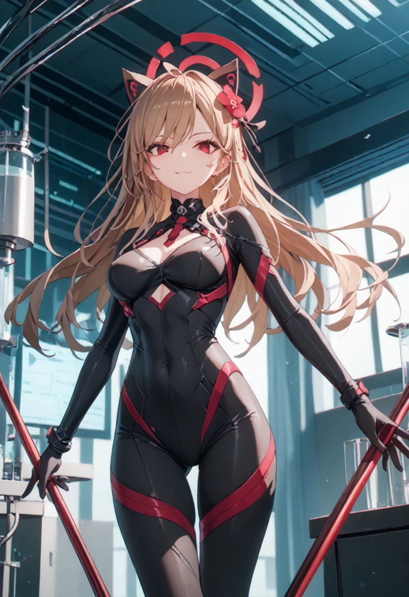   1 girl fights,   long blond hair, brown hair 4k, stockings,     red eyes , ,  cat ears,  hair flower,      high resolution    , One,  masterpiece fails,     top quality ,    standing device , cutout, hair template  ,   tight suit , villainess, gushing smile, laboratory