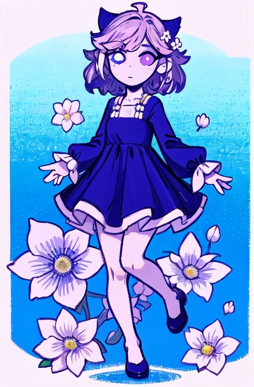 pink purple hair, left blue eye,  right yellow eye, blue dress with long sleeves, white flowers on dress. full body. headshot, neutral face, blue background