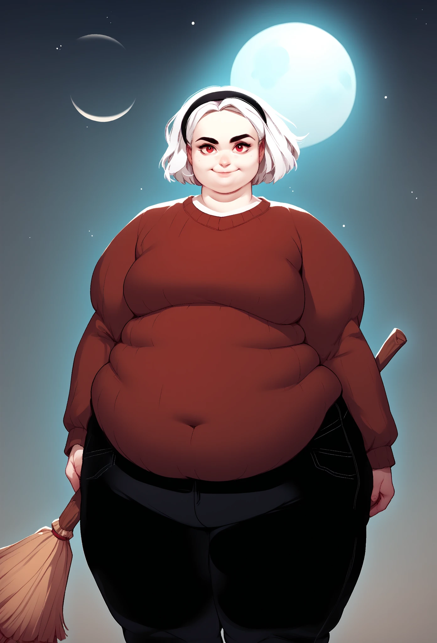 , score_9, score_8_up, score_7_up, score_6_up, score_5_up, score_4_up, looking at viewer, Sabrina(big fat body), 1girl, moon, solo, red eyes, broom, white hair, hairband, pants, sky, looking at viewer, smile, sweater, long sleeves, black pants, holding, short hair, (clothes that fit your big, fat body size).