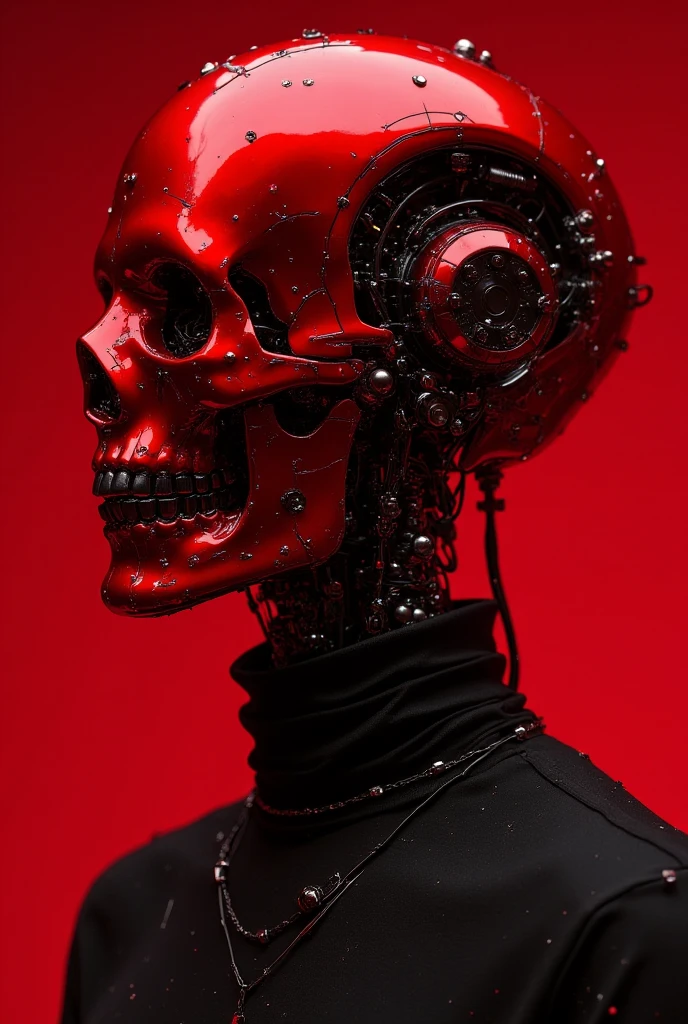 Futuristic robot head made of red glass, looking left, with a dark red tint. Inside is a transparent skull, bones and teeth are visible, the bones are black metal, wearing a black shirt, the background is dark red, the style is Balenciaga + Hedi X Versace Zara collaboration, high fashion photography, surreal, cinematic, rich in detail. .32 thousand
--chaos15.--ar2:3.-raw style