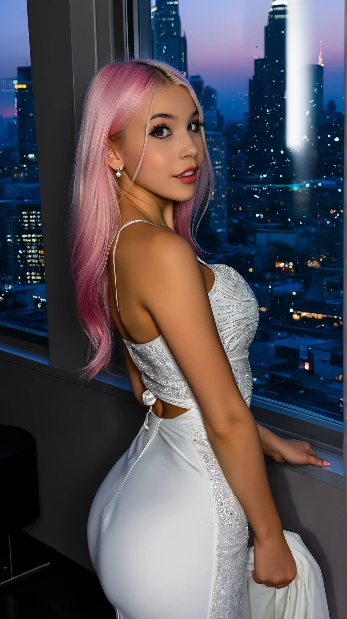 Stable_Yogis_PDXL_Positives  
score_9, score_8_up, score_7_up, score_6_up, 1girl, solo, long pink hair, natural look, wearing a white evening gown with a fitted bodice and flowing train, paired with sparkling diamond earrings, standing in front of a large window with city lights in the distance, holding a clutch bag, looking thoughtfully out the window, blush, indoors, dramatic low lighting, elegant and timeless atmosphere
