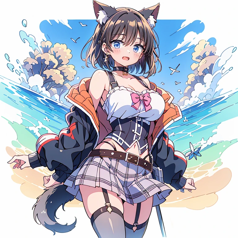 Sexual suggestiveness，teens girl，cat ear，Cat tail，one piece swimsuit，White panty hose