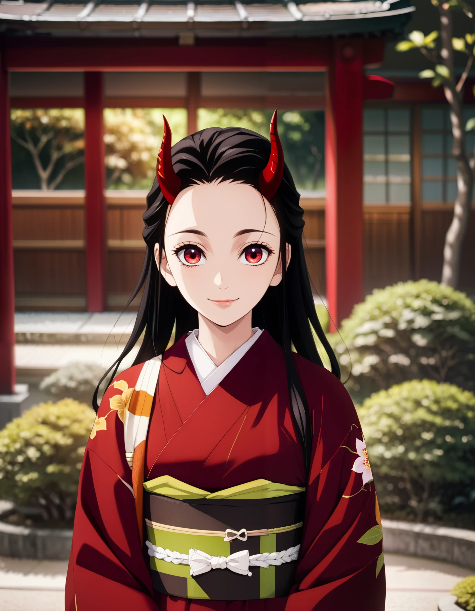 score_9, score_8_up, score_7_up, (Demon Slayer, Kimetsu no yaiba style), (nezuko kamado), (1girl, solo), 20years old, upper body, (black long hair, smooth straight hair, asymmetrical parting hair:1.1), forehead, red eyes, (red demon horns:1.4), kimono, smile, (front view, looking at viewer), (standing in the Japanese style garden, scenery)