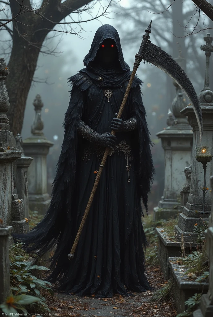 The Grim Reaper stands in a cemetery.  You can't see the Grim Reaper's face because it's just black where his face should be. He carries a scythe. He's not scary.
