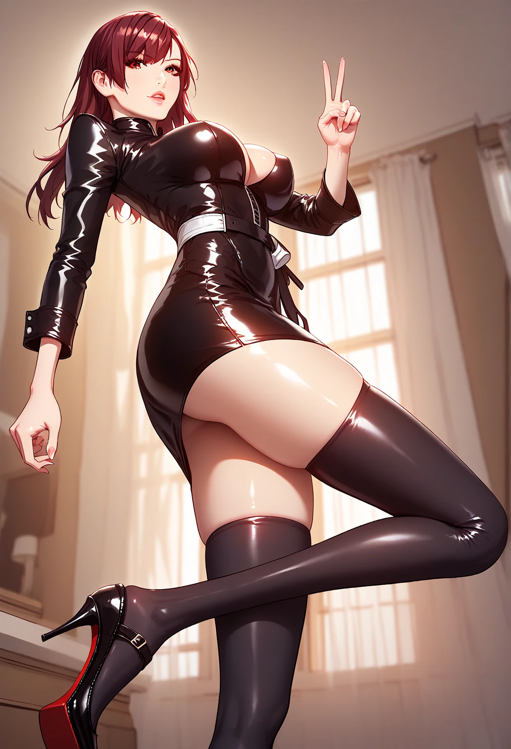 (Masterpiece, Best Quality, Ultra High Resolution , Digital Art,Beautiful and Aesthetic ) . ( One Fashionable adult girl with a short oblique bob, slender figure, expressive and dominating look ) in modern men's suit in youth style , matte black color , lovely thin white but long tie , (silk thick threads of red color connect the necklines on the sides of the whole suit) , . The character sits on a large massive sofa with lots of leather and metal patterns on it in vintage style , an interesting and atmospheric pose that characterizes the character , .