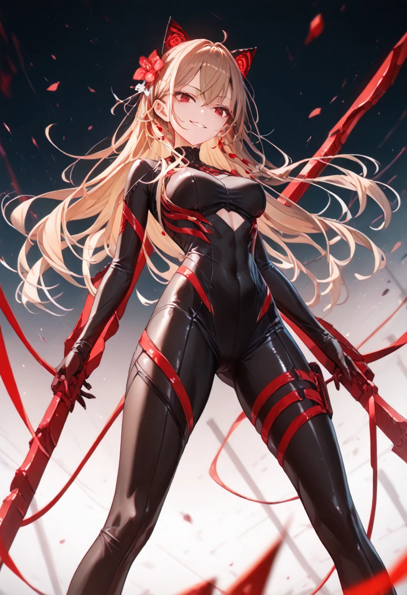   1 girl fights,   long blond hair, brown hair 4k, stockings,     red eyes , ,  cat ears,  hair flower,      high definition   , One,  masterpiece fails,     top quality ,    standing device , cutout, hair template  ,   tight suit , villainess,  lustful smile, villain's lair 