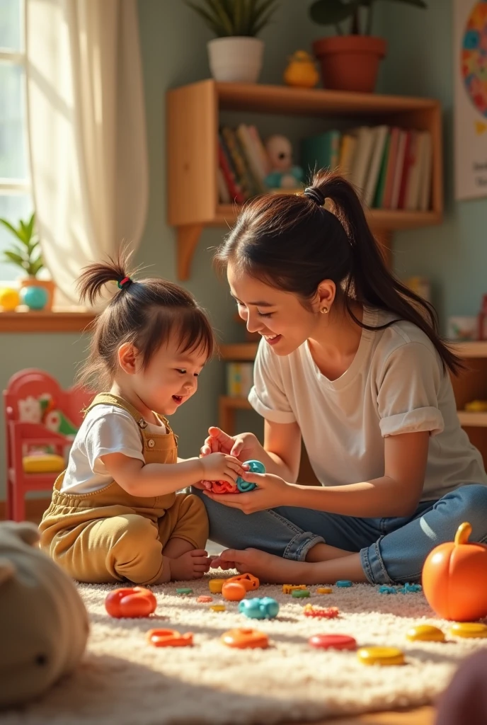 I want to create a picture, Put it on the website of the maternal and child products company, Father mother and cute child playing together, Need to show warmth、care、With a smile on his face、happy feeling, No need to deliberately reflect the product