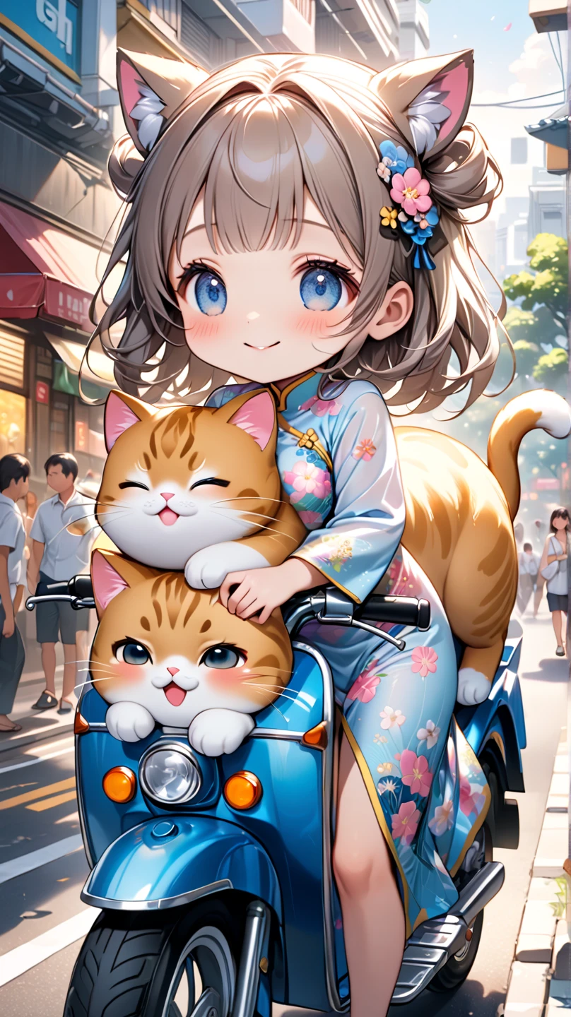 ultra-realistic, photorealistic, dramatic scene, shadow, global-illumination, solo, 1 girl\( 20 years old Japanese beautiful girl, beautiful with cute face, wearing snow patterned blue ao dai, shoulder-length brown hair, accessories, Vietnamese Non La hat\), 1 human-like giant black cat\( human-like giant black cat, white shirt with short sleeves, slight taller than the girl, holding a large suits case, little chubby, sitting on the rear seat of the scooter\), the girl is riding a Honda scooter with human-like giant black at the downtown street in Ho Chi Minh city in 2000, Cluttered streets, people walking on the sidewalks, rows of miscellaneous buildings, trees, Crowded with many motorcycles and scooters, (shoot from side)