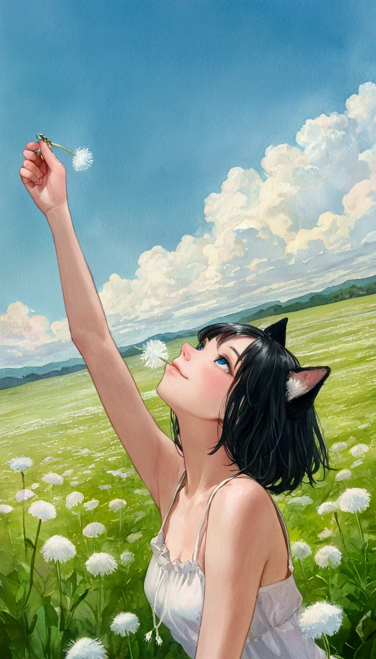 (masterpiece,  top quality,  top quality,  beautiful,  beautiful: 1.2), (Watercolor 1. 5),   looking up from a low position  , Long Hit,  Straight , Picture of a girl with short cat ears  ,  beautiful. smile,   dandelion fluff flying while breathing in her mouth, Dandelion Field,  blue sky, purity, charm, , Botanical Art,
 excellent anatomy,