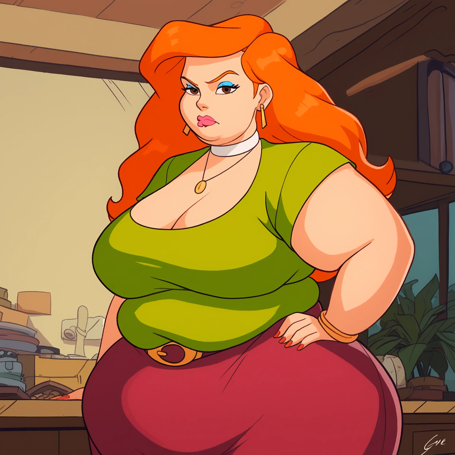 Cherry Jubilee, wearing sexy yellow bra and yellow panties, smug grin, massive fat belly, Cherry Jubilee Equestria Girls, full body, Standing, in the living room, Cherry Jubilee, cuerpo completo, high resolusion