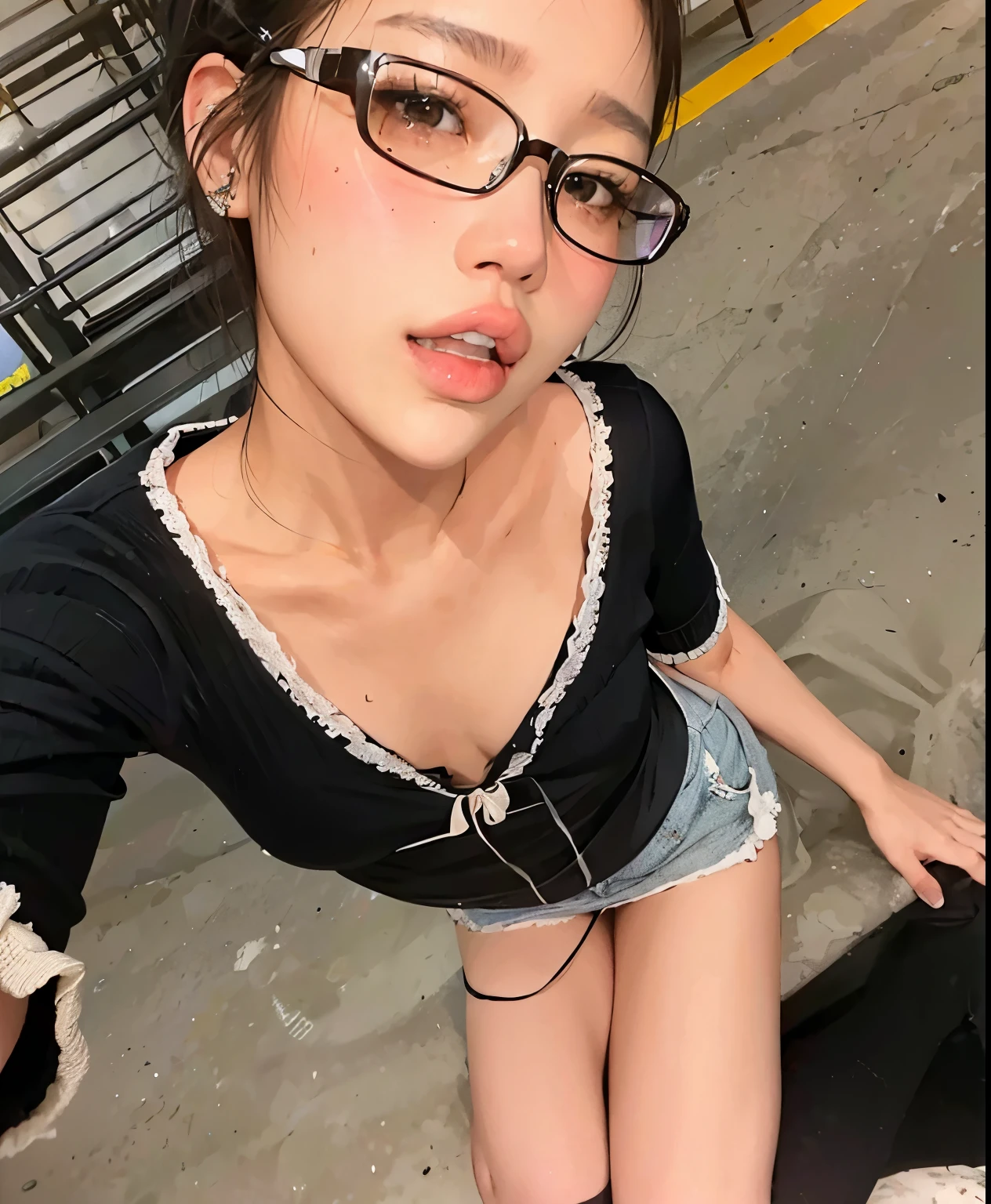 (masterpiece:1.2, highest quality), (Very detailed:1.3), One girl,short hair, Loose fitting T-shirt, Leaning forward, Medium chest,  Long down blouse,Red frame glasses、Young body、Tip of the chest、Young face
