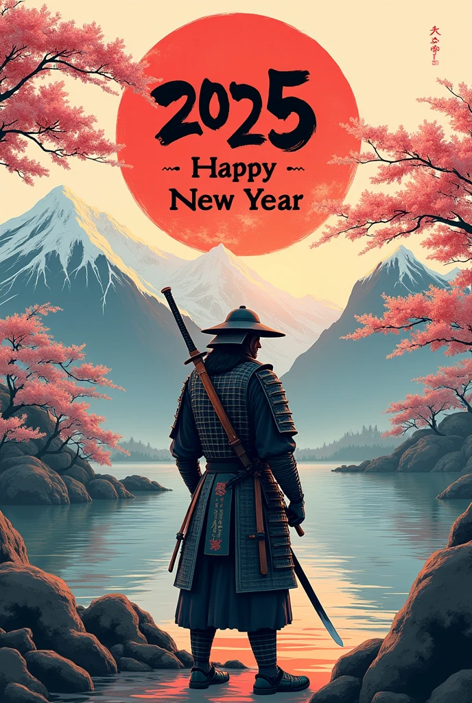 new year poster, text "HAPPY NEW YEAR 2025", Samurai Japan style, 