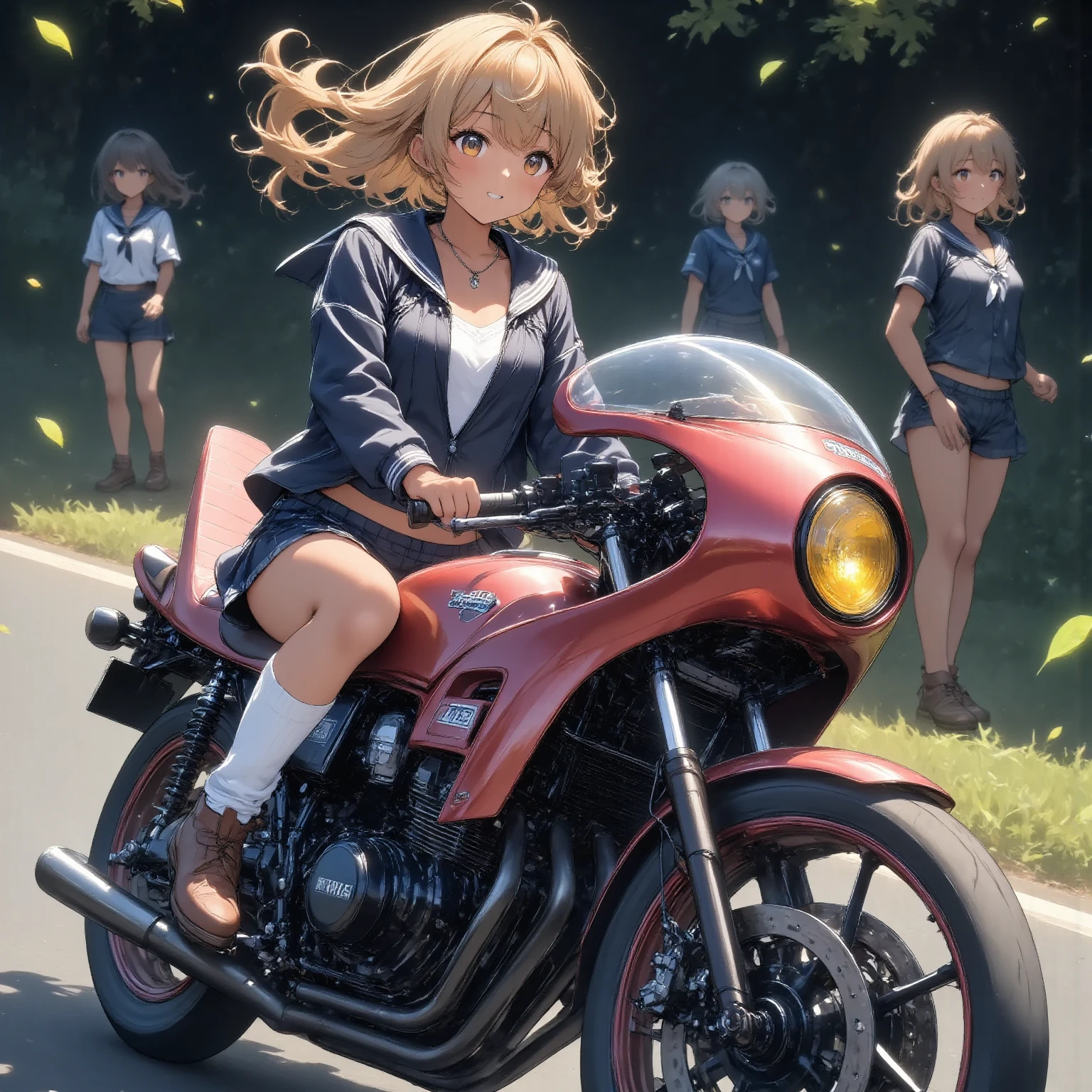 ONE HIGH SCHOOL GIRL RIDING A MOTORCYCLE 　+ CAFE RACER TUNED HONDA CBX400F　+ glossy brown skin + sailor suit　+ loose socks　+ rocket cowl 　、 top quality,  