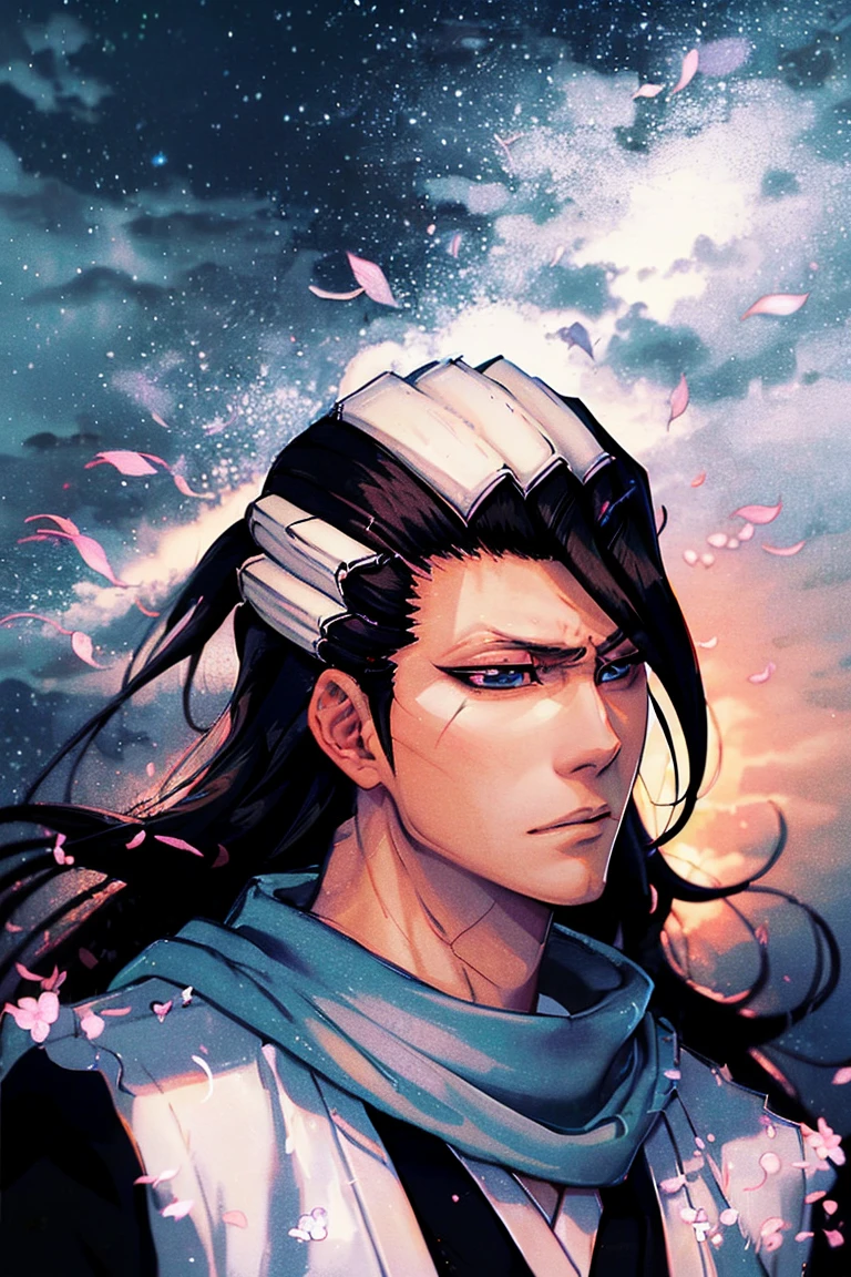 Portrait from afar, kuchiki byakuya  ( anime character from anime bleach ),  handsome man ,  Elegance , Confident,  dramatic composition ,  long black hair ,  Calm facial expression,  flowing scarf ,  black and white outfit , night sky,  flying sakura flowers  ( around character ),  mysterious atmosphere ,  cinematic perspective, no facial hair ,  Anime style 