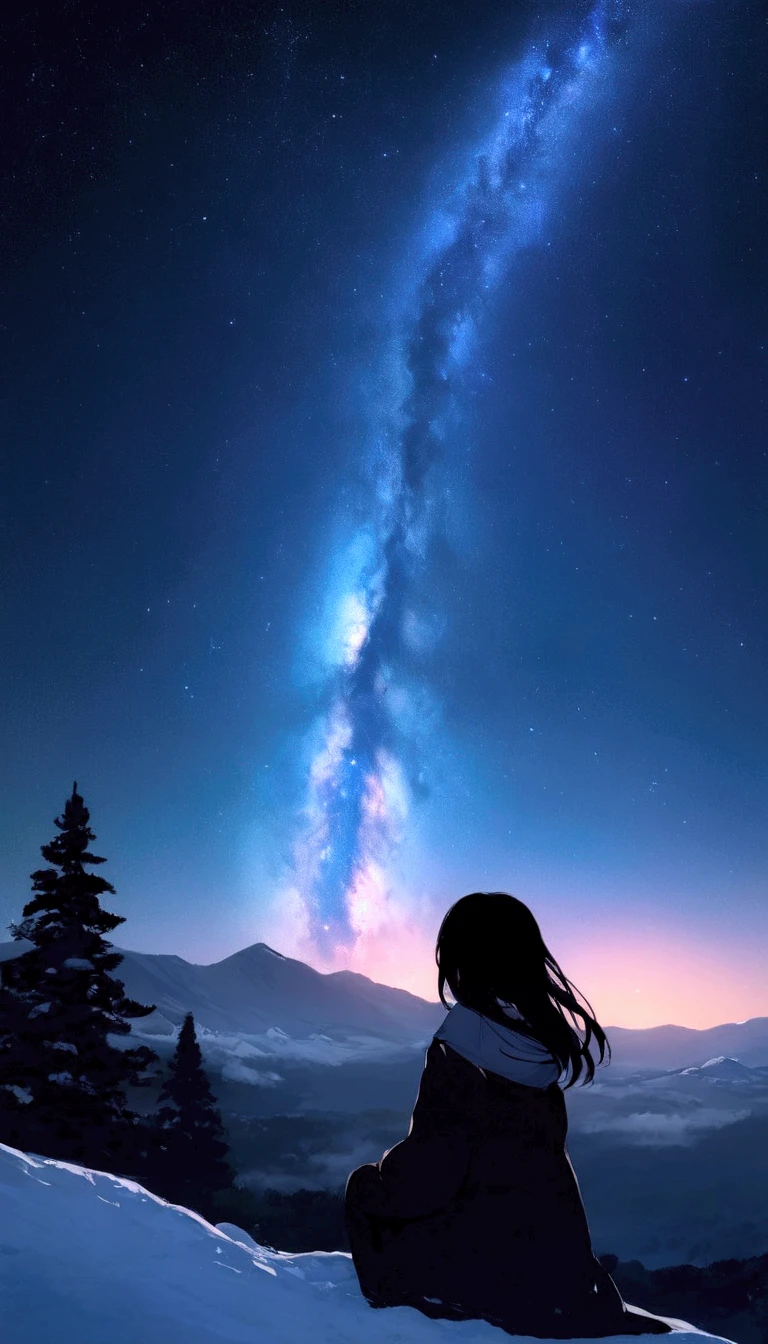 Night null, star( null),  scenery,  Milky Way,   one girl , Alone, Outdoors, Built, cloud,   Milky Way,   is sitting, tree, Length Hair,   silhouette,    let's hug each snow-covered mountain 々 each ,  top quality,High-quality details,８Ｋ