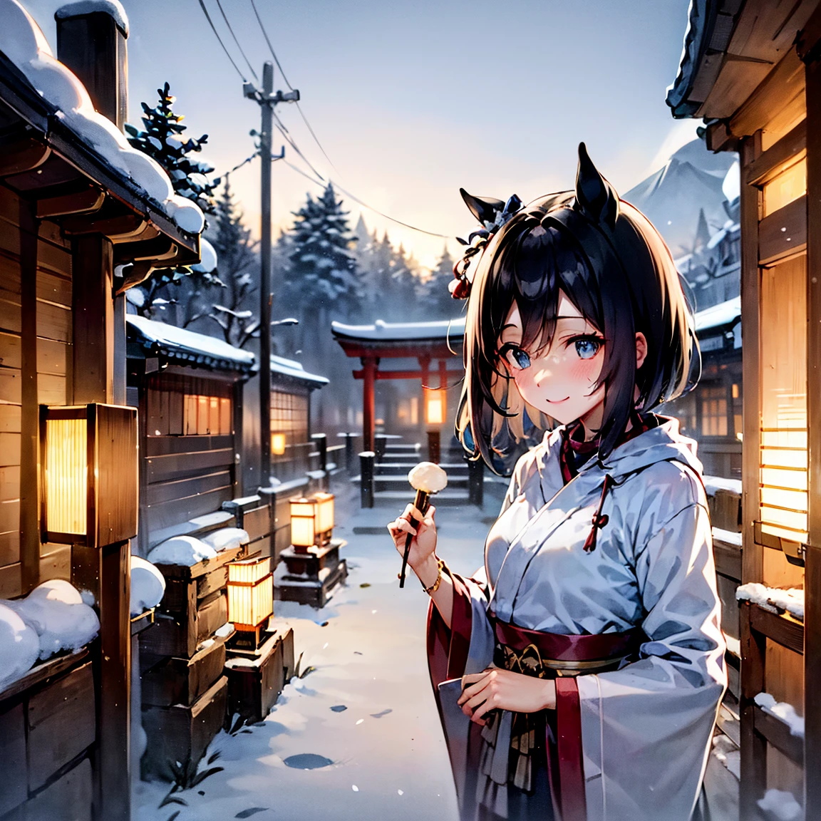 ((( bright colors))),8k,(masterpiece,  top quality:1.2),  One Girl ,  Eishin Flash, smile,from above, upper body, looking down, (((first visit of the year to a shrine))),first visit of the year to a shrine、 traditional Japanese temple、Torii covered in snow、 worshipers wearing kimonos 、Fuyu Sky 、 knocking on bells 、 smoke of incense sticks standing up 、Hanging votive plaques 、 shimenawa and blank paper streamers 、 softly glowing lanterns 、 snow-covered stone lanterns offering prayers、 quiet and polite atmosphere ,