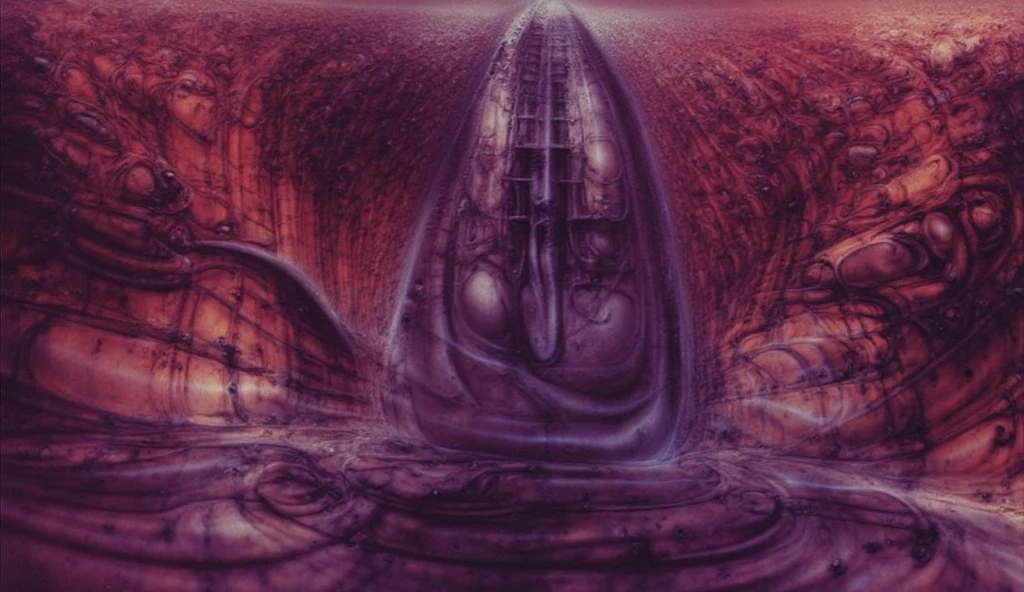 H. R. Giger's g1g3r, , Giger_style, xgiger, The image is a detailed view of H.R. Giger's biomechanical tableau \" LANDSCAPE No 312 \" plate, featuring
a complex, intricate, and detailed design of endless Machine in the transit space under the cascade of fallen water, that appears to be a fusion of organic and mechanical elements, with a focus on central humanoid-like alien astronaut figure insconced in dramatic.The piece is a tableau, most likely created with a India ink pen or pencil on paper, determined by the thin lines, shading techniques, and the texture of the paper, which is visible around the edges.
Used is pen, given the shading and variations in line weight visible in the image. Artist have used a variety of stylus with different degrees of hardness to achieve the shading effects.
 The use of undersaturated purpl-brown dark contrasts and crimson creates a stark and graphic look. Is used a variety of linework techniques to create different textures. Fine, parallel lines create a smooth, metallic texture,while thicker, more cursive lines suggest cables or wires.
Light source from the top highlights skeletals, pper part of foreground, lower part of image is in shadowupper part of foreground, lower part of image is in shadow.
The art performance showcases the artist’s skills in observation and rendering. The level of detail in the piece suggests a close study of real bone specimens and mechanics. The artist has skillfully used shading techniques to create a convincing illusion of three-dimensionality on a flat surface. The wrinkles and cracks in the surface, and the cast shadows with accuracy, used shading techniques to create a realistic depiction of light and shadow on the objects. This creates a sense of depth and dimension in the image.  The artist has used careful linework to depict the contours and textures in the piece, (Triadic:1.1),  (Reflected light:1.2), Parchment, , ultra detailed, intricate,, dry b (best quality:1.4), H.R. GIGER,  BY GIGER