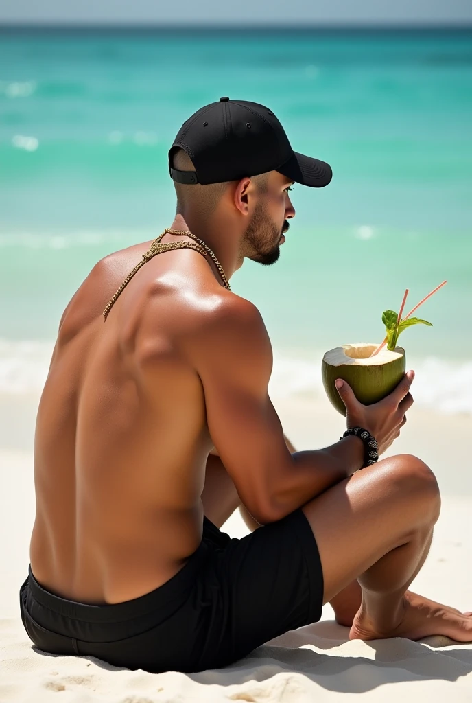 lionel messi, casual outfit, drinking (coconut) water at beach in rio de janeiro, cristo redentor background, tattoos