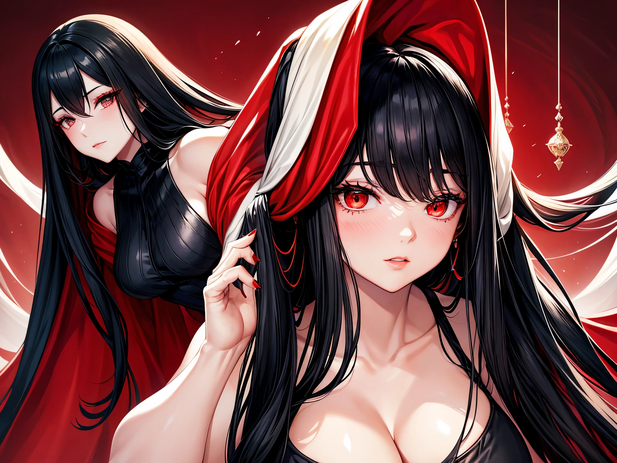（（（Perfect figure，figure，black Japanese clothing,feather woven, （（（bleach，（（（Scars on the chest）））, red eyes,Unohana））），S-shaped figure:1.7））），((masterpiece)),high resolution, ((Best quality at best))，masterpiece，quality，Best quality，（（（ Exquisite facial features，looking at the audience,There is light in the eyes，Happy，nterlacing of light and shadow，huge ））），（（（looking into camera，fighting stance，red background，Blood）））