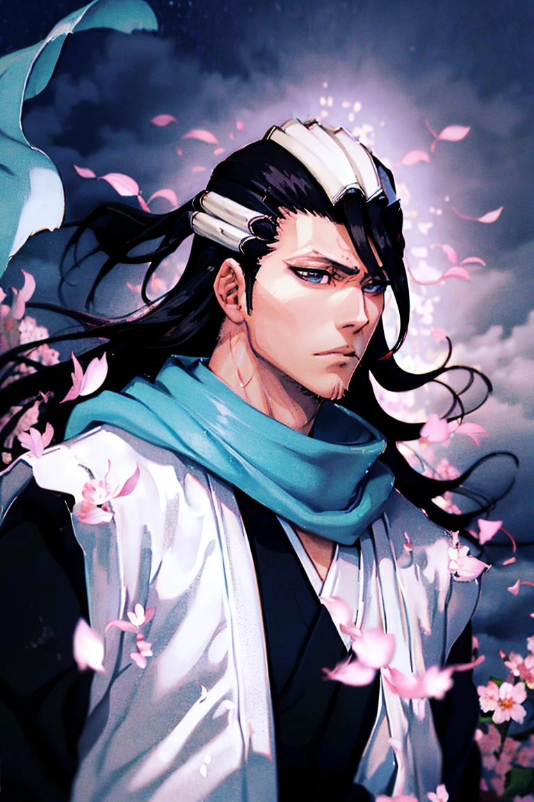 В полный рост, kuchiki byakuya  ( anime character from anime bleach ),  handsome man ,  Elegance , Confident,  dramatic composition ,  long black hair ,  Calm facial expression,  flowing scarf ,  black and white outfit , night sky,  flying sakura flowers  ( around character ),  mysterious atmosphere ,  cinematic perspective, no facial hair ,  Anime style, соло