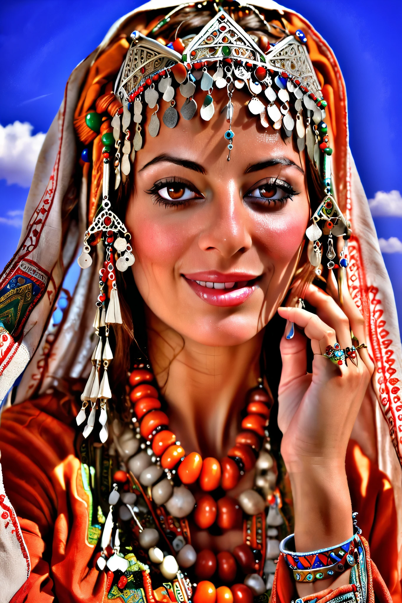 Longue vue panoramique photographie professionnelle de (art de Deborah Azzopardi) beautiful woman, brunette, yeux noisette, jewelry, Caftan marocain, TazerzitXL , isni , headdress , motif marocain de fond., Marrakech , point de vue parfait, Very detailed , grand-angle, hyper-realistic , with dramatic sky, polarizing filter, natural lighting , couleurs vives, tout est net , HDR, Ultra HD, k