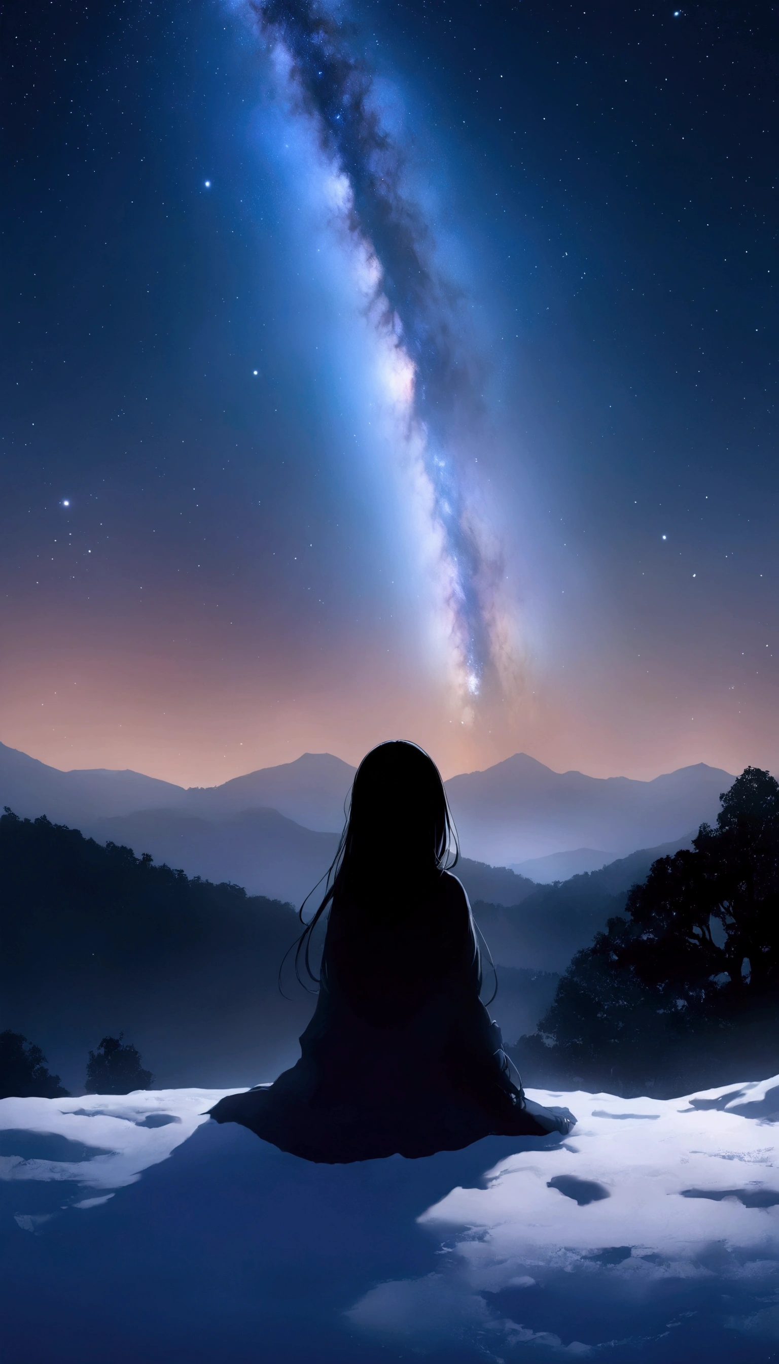 Night null, star( null),  scenery,  Milky Way,   one girl , Alone, Outdoors, Built, cloud,   Milky Way,   is sitting, tree, Length Hair,   silhouette,    let's hug each snow-covered mountain 々 each ,  top quality,High-quality details,８Ｋ